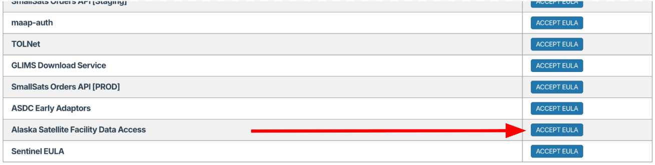 Image showing the "Alaska Satellite Facility Data Access" "ACCEPT EULA" button