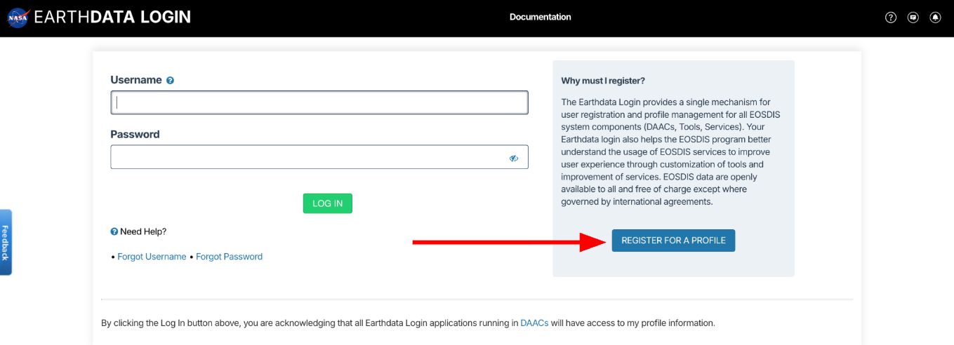 Image of the Earthdata Login landing page