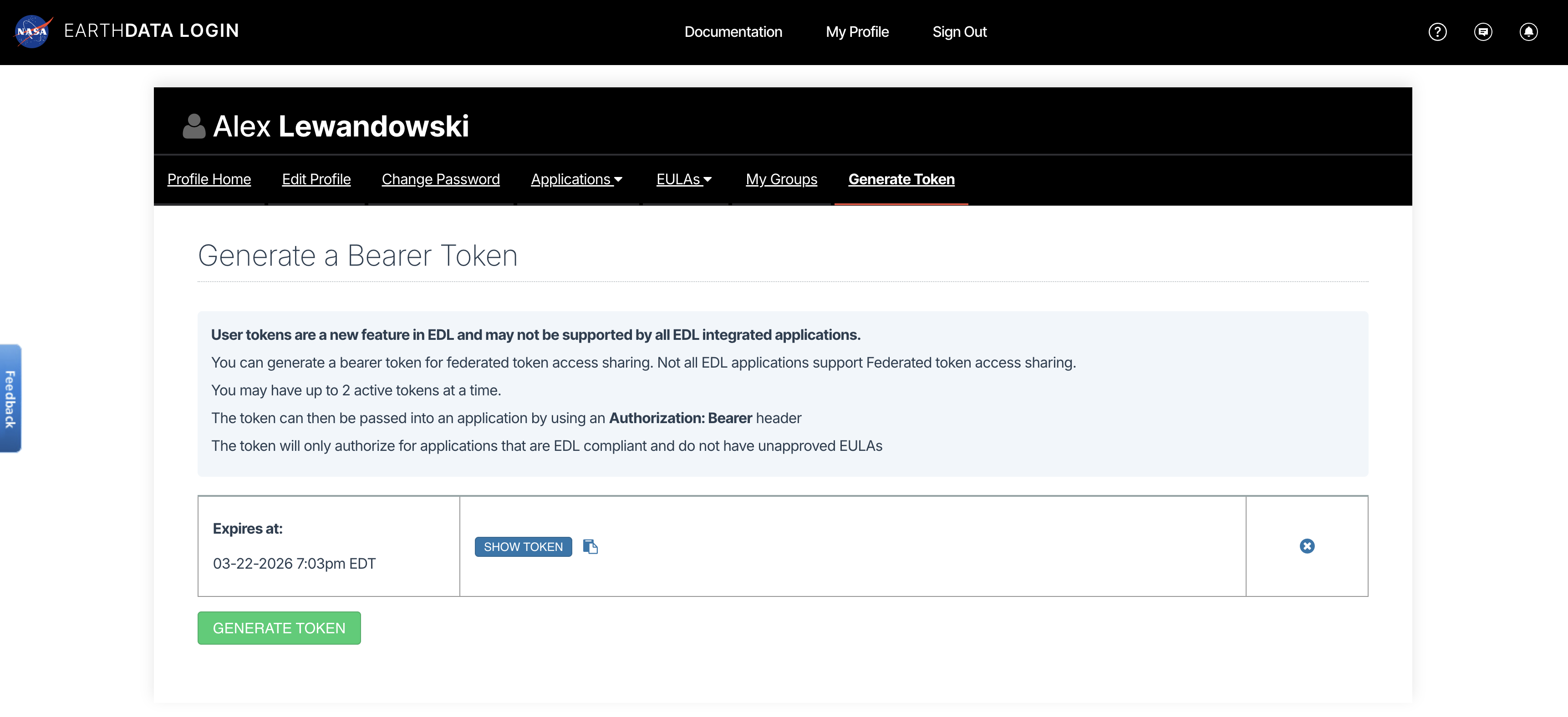 Image of the Earthdata Login Generate Token web page